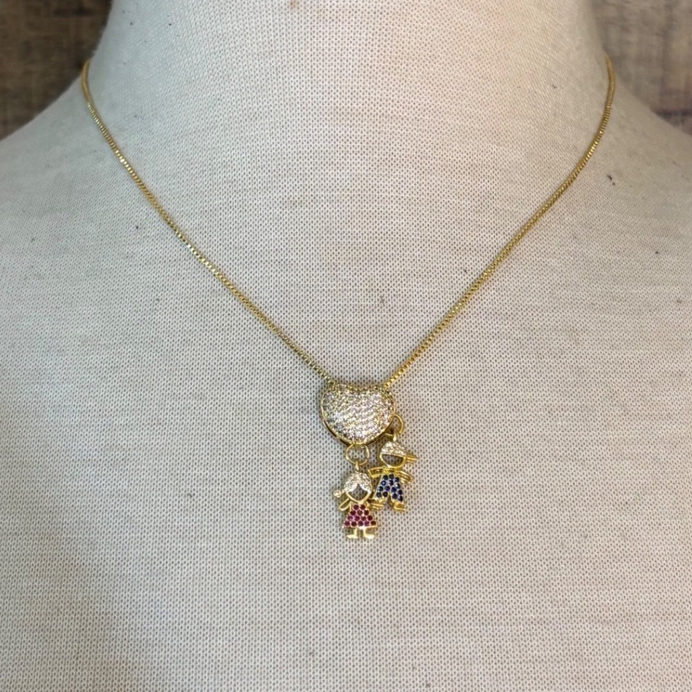 Gold Tone Pave Heart Boy Girl Children Pendant Box Chain Necklace
